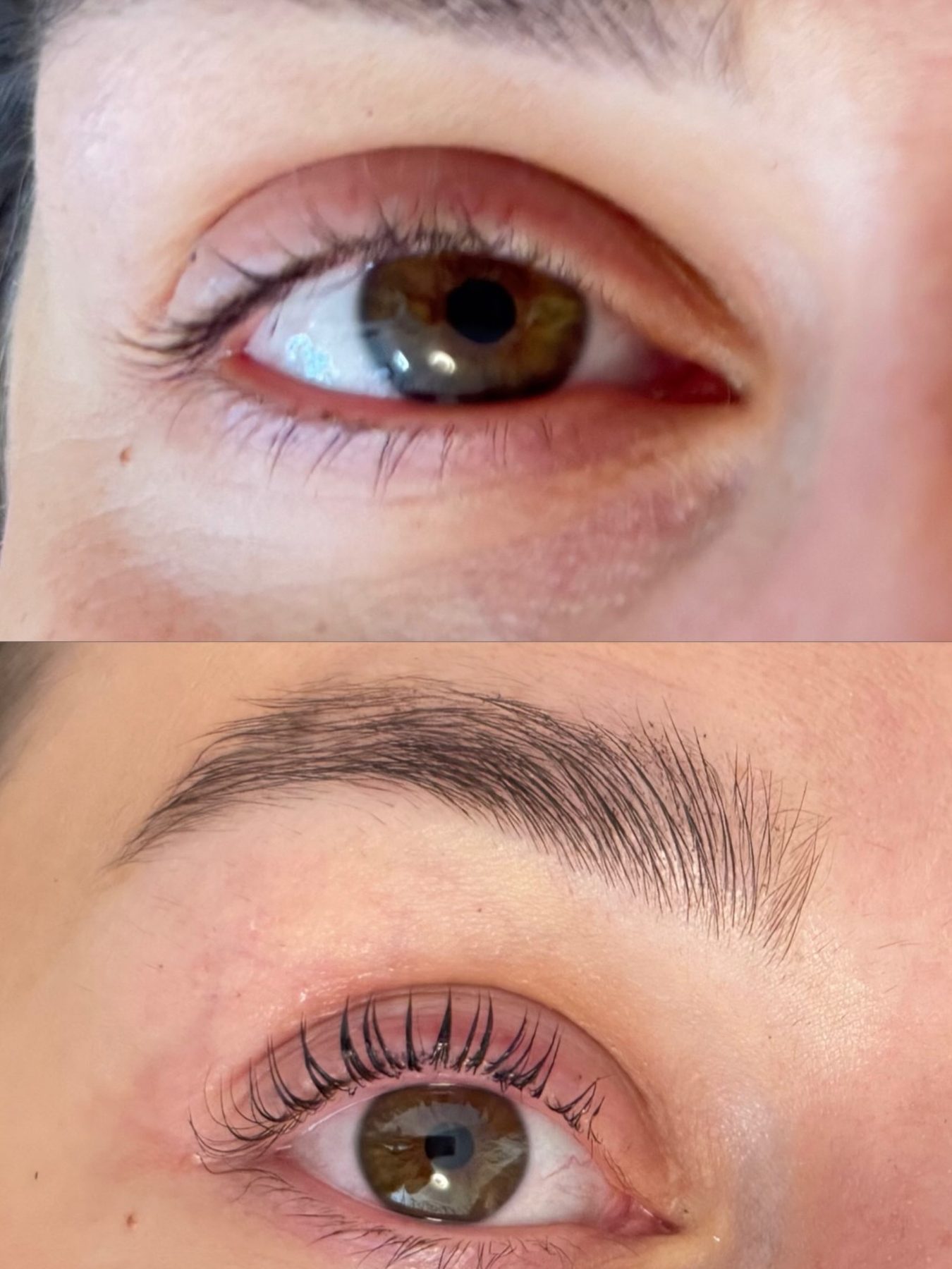 Een oog voor en na een lashlift: boven rechte wimpers, onder gekrulde, geverfde wimpers